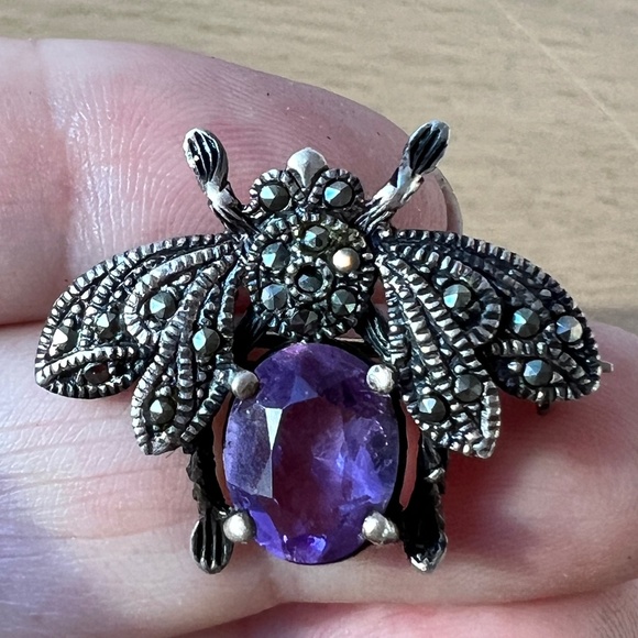 VINTAGE 925 STERLING SILVER AMETHYST MARCASITE BEETLE BUG PENDANT PIN BROOCH